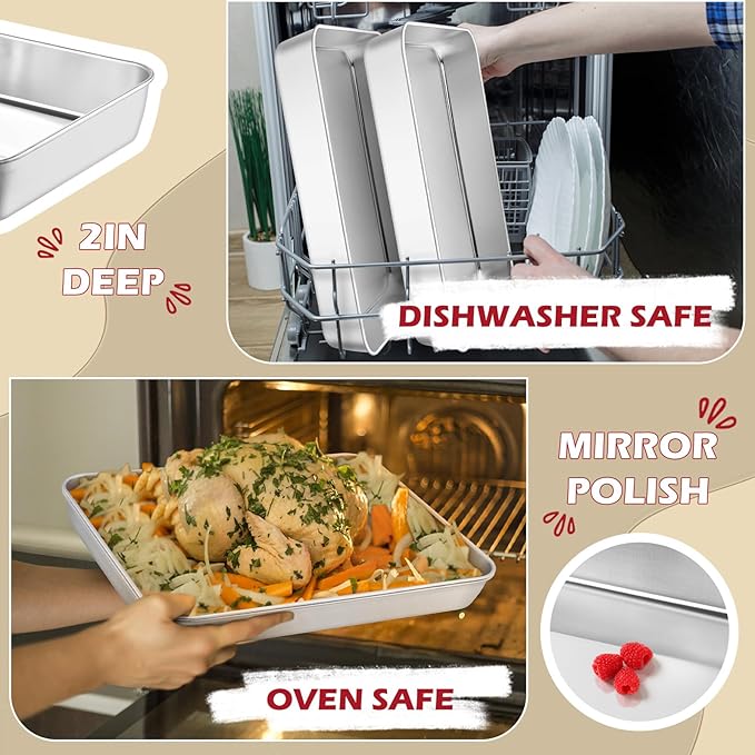 Leonyo Rectangular Cake Pan for Baking, 10.5 x 8 x 2 Inch Stainless Steel Baking Sheet Tray, Deep Lasagna Pan for Toaster Oven, Focaccia, Fish, Chicken, Casserole Dish