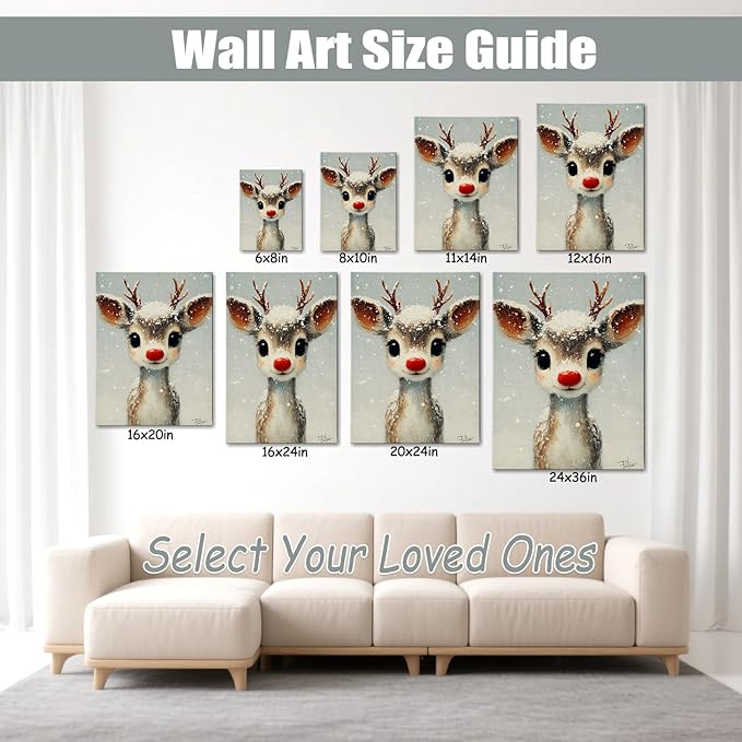 Funny Red Nose Deer Christmas Canvas Wall Art - Whimsical Framed Winter Wall Art for Living Room & Office, Cute Christmas Wall Decor with Wood Frame, Playful Christmas Gifts & Cozy Winter Decor
