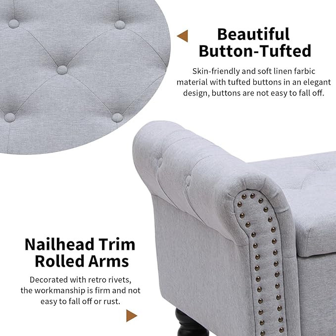 Storage Ottoman Bench with Arms, Linen End of Bed Bench for Bedroom, Button Tufted Storage Bench for Entryway, Living Room,Hallway, Large Storage Bench Foot Rest (New Grey)