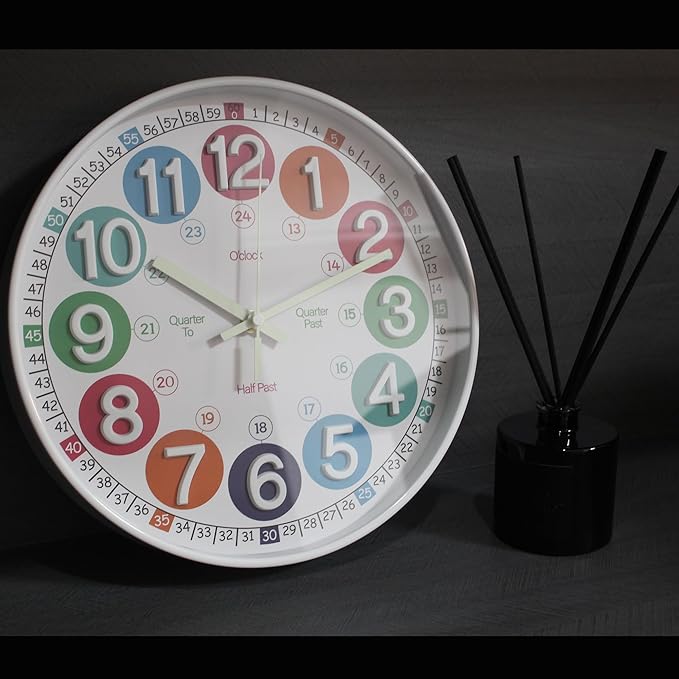 Learning Time Clock for Kids, 12 Inch 3D White Luminous Silent Wall Clock, Bedroom, Kitchen, Classroom, Decor at School, Clear Digital Clock for Kids Room