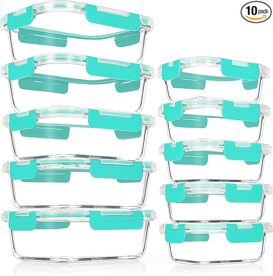 VERONES 10Pack Glass Meal Prep Containers, Airtight Glass Lunch Containers,Stackable Glass Food Storage Containers Set with Lids,Exclusive of BPA, for Microwave,Oven, Freezer&Dishwasher Friendly,Green