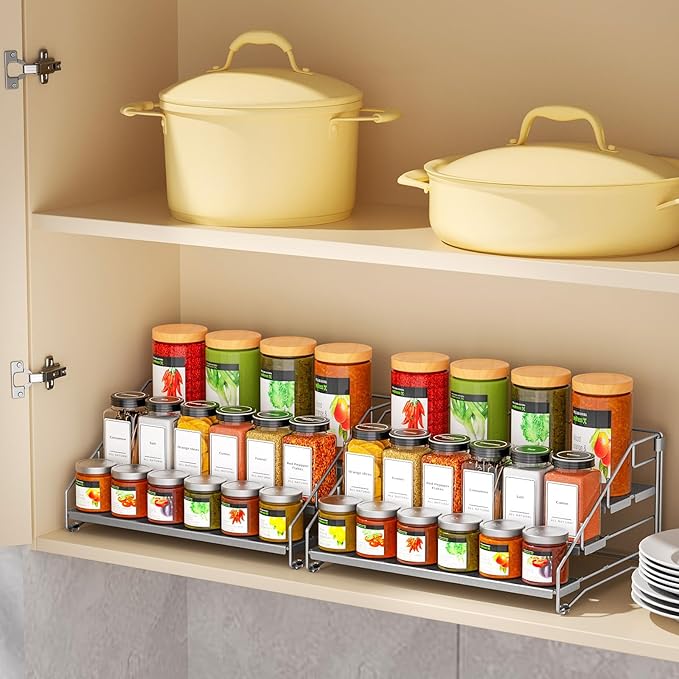 4 Tier Spice Rack Organizer for Cabinet, Spice Rack Organizer, Depth Adjustable Spice Organizer for Cabinet, Countertop, Cupboard, Pantry, Seasoning Shelf, Metal, Gray (2 Pack)