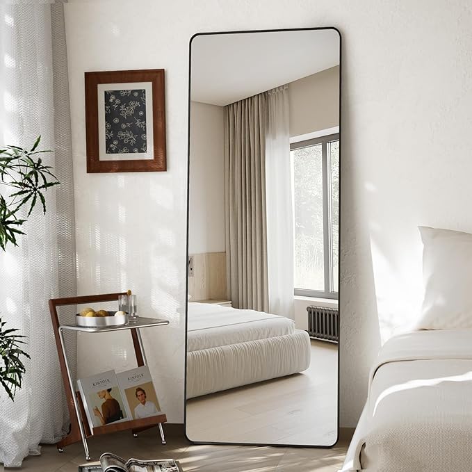 Round Corner Mirror Full Length, 66" x 23" Floor Mirror with Stand, Matte Aluminum Alloy Frame Full Body Mirror, Standing Hanging or Leaning for Bedroom and Living Room, Black