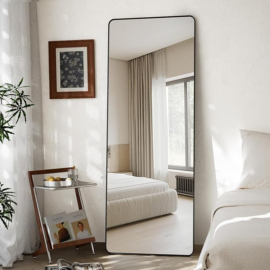 Round Corner Mirror Full Length, 66" x 23" Floor Mirror with Stand, Matte Aluminum Alloy Frame Full Body Mirror, Standing Hanging or Leaning for Bedroom and Living Room, Black