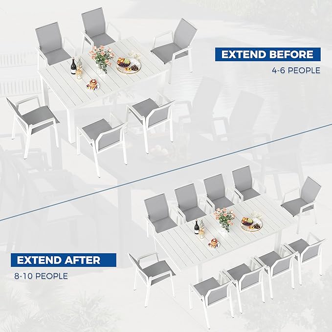 5 Piece Aluminum Outdoor Patio Dining Sets with Fully Assembled Dining Chair，91.3"L×39.4"W Expandable Patio Table and Chairs Set for 4, Stackable Chairs with Quick Drying Fabric, White