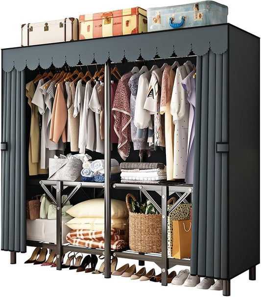 Gray Large Portable Armoire Wardrobe Closet with Foldable Clothing Wardrobe 25MM Steel Pipe Metal Frame Clothes Rack,One Piece Folding Design
