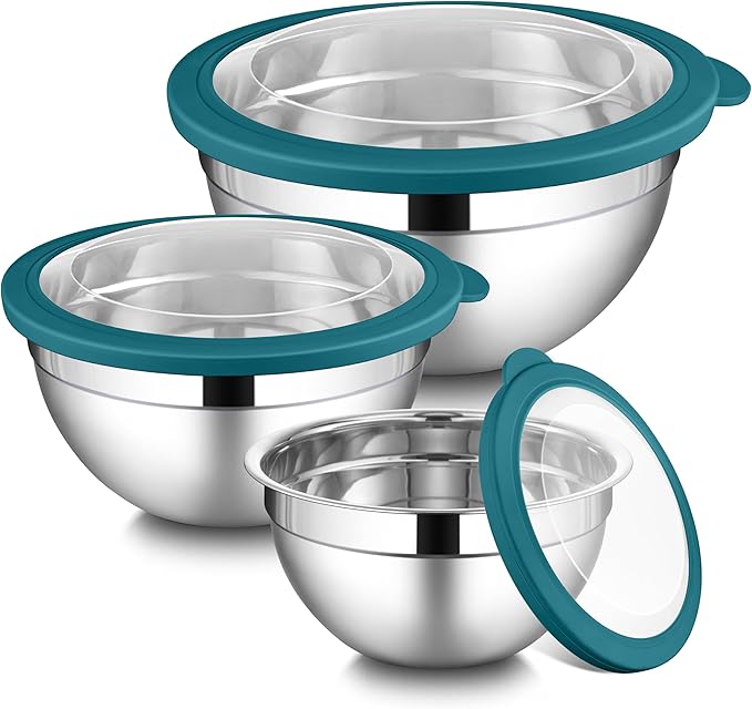 LIANYU Stainless Steel Metal Mixing Bowls, 3 Packs Deep Nesting Mixing Bowls Set for Baking Cooking and Prepping, 4.6 & 3 & 1.5QT Large and Small Size, Include Visible & Airtight Lid, Blue