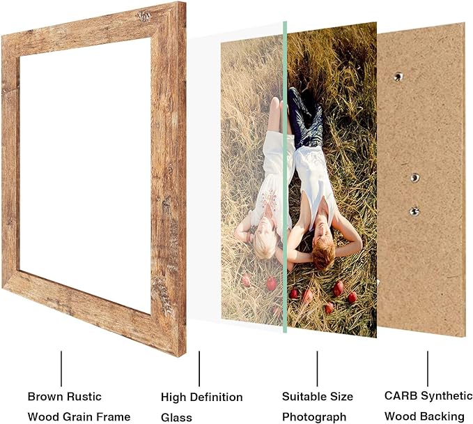 8x10 Picture Frame Set of 4, High Definition Real Glass Rustic Brown Frame, 8 x 10 Photo Frames for Desktop Display and Wall Mounting