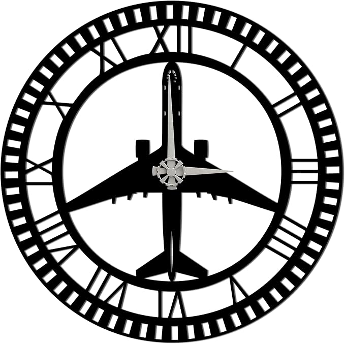 Metal Wall Clock | Airplane Silhouette Design | Roman Numerals | Silent Non-Ticking | Aviation Decor for Pilot, Traveler, Home, Office & Kids Room (19.7"x19.7")