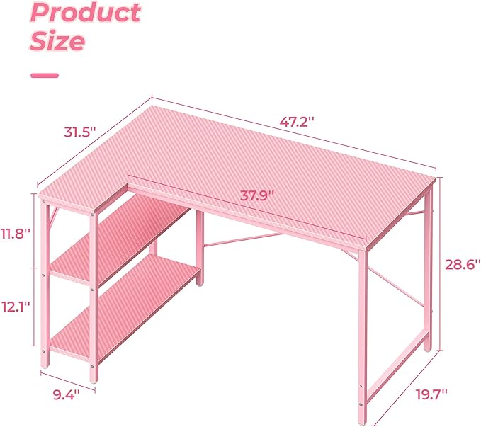 Huuger L Shaped Desk, 47 Inches Computer Desk with Reversible Storage Shelves, Gaming Desk, Corner Desk Home Office Desks, Writing Study Desk with Metal Frame, Pink