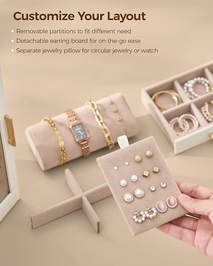 360° Rotating Jewelry Box with 5 Drawers, Spacious Vertical Jewelry Organizer with Glass Window, Jewelry Storage Case, Dustproof & Moisture-resistant Design, White