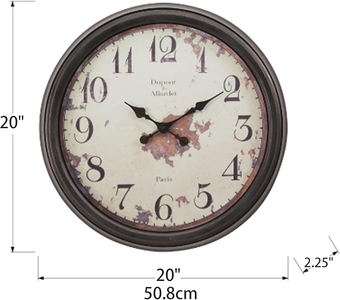 20 Inch Vintage Wall Clock, Farmhouse Wood Silent Non-Ticking, Battery Operated Retro Round Decorative Clock for Kitchen, Living Room, Bedroom,Office,Beige Brown