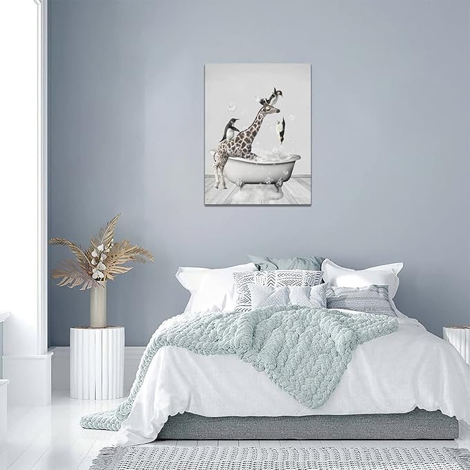 Funny Giraffe And Penguin Bathroom Wall Art - Kids Bathroom Wall Decor Animals In Bathtub Canvas Prints Artwork Paintings - Framed