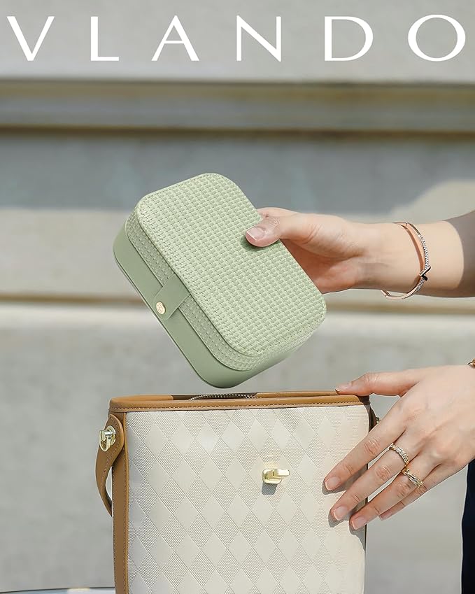 Vlando Travel Jewelry Case, PU Leather Travel Jewelry Box with Earring Holder, Portable Display Small Jewelry Box for Mothers Day Women Girls Gift - Green