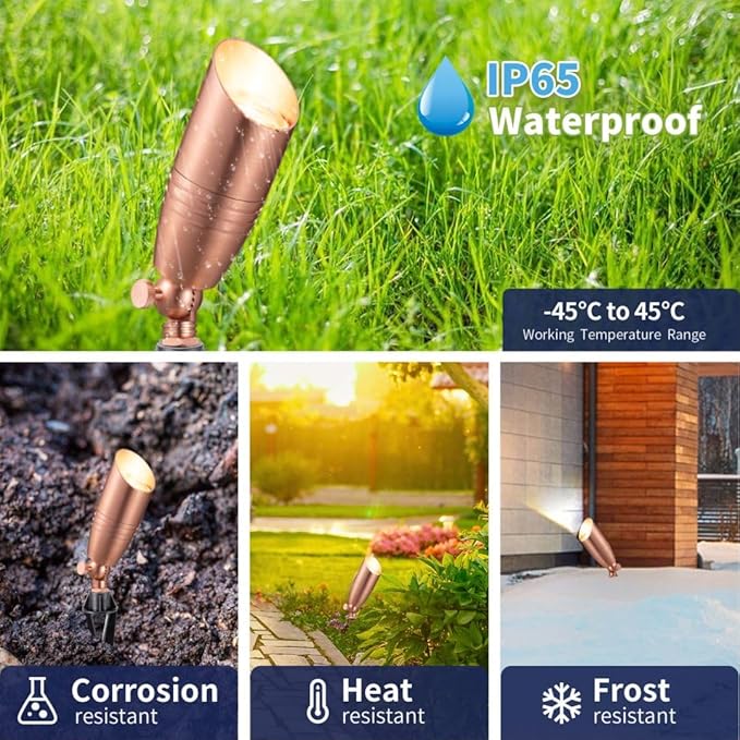 Brass Landscape Lighting - Low Voltage Spotlights Outdoor LED, 12V Wired Uplights, Waterproof Spot Lights, Copper for Outside Trees with 5W 4000K Natural White MR16 Bulb (4 Pack)