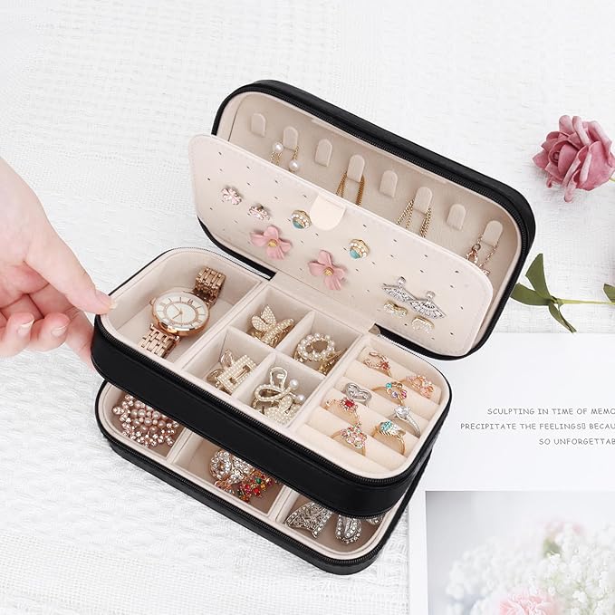 DesignSter Small Travel Jewelry Box with Double Zipper, 2 Layers PU Portable Jewelry Case for Women and Girls,Travel Jewelry Organizer for Rings, Earrings, Necklaces, Bracelets,Black