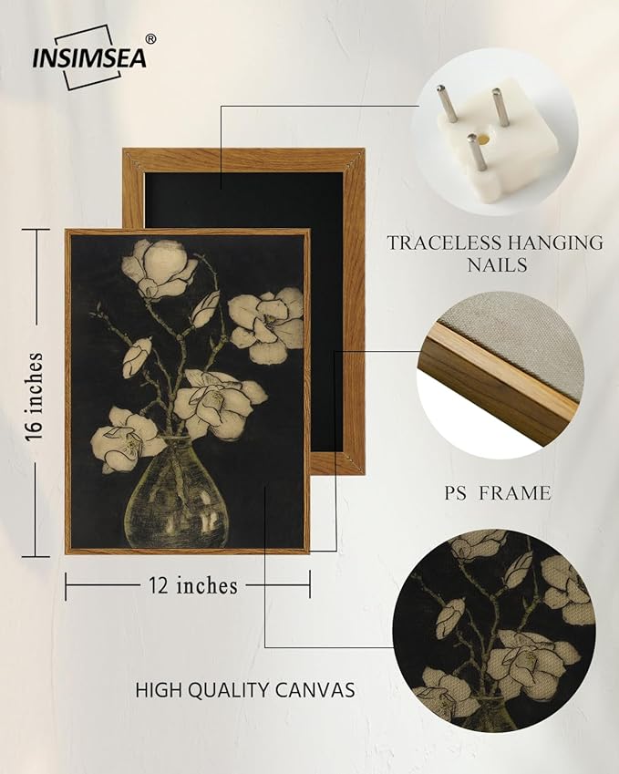 InSimSea Framed Wall Art for Living Room Vintage Floral Wall Art Minimalist Black and White Flower Vase Artwork Farmhouse Decor Prints Aesthetic Home Décor for Bathroom, Bedroom, Office 12x16In