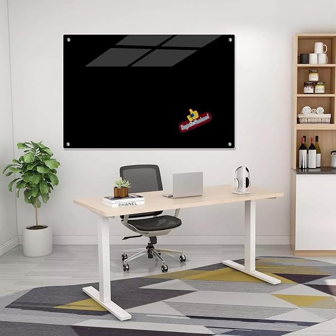 Magnetic Glass Black Board 48"x36" Glass Dry Erase Blackboard Tempered Glass Whiteboard Wall Mounted for Office School Home (Black)