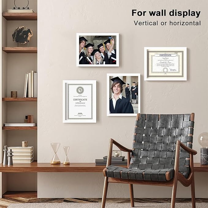 KINLINK 8.5x11 Picture Frames White, Solid Wood Diploma Frames with Acrylic Plexiglass for Pictures, Certificate Degree Document Frame Tabletop and Wall Display, Set of 4