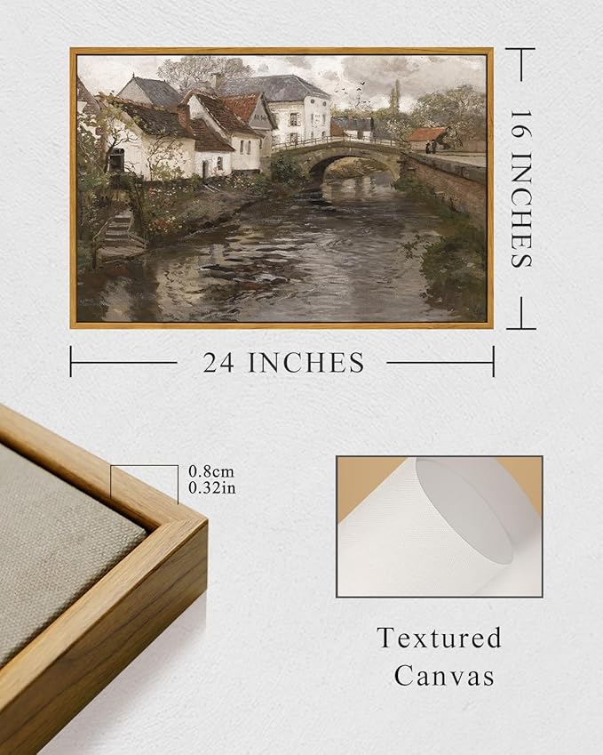 InSimSea Framed Canvas Wall Art Vintage Decor, Landscape Wall Art, Riverside Small Town Large Canvas Prints Home Decor, Rustic Farmhouse Wall Decor for Bedroom Living Room, 16"x24"