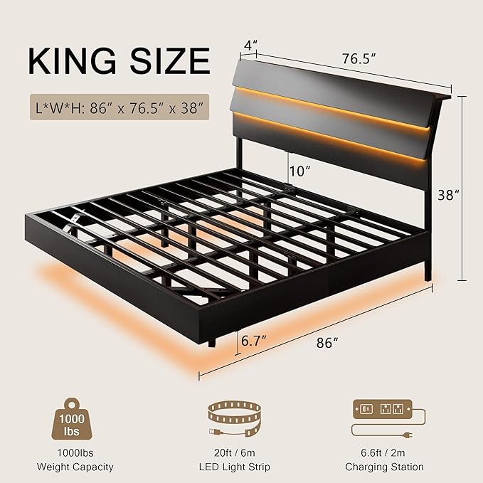 Floating Bed Frame King Size with Led Headboard and Charging Station, Metal Platform Bed Base with Storage, Remote Control, Heavy Slats Support, No Box Spring Needed, Noise Free, Black