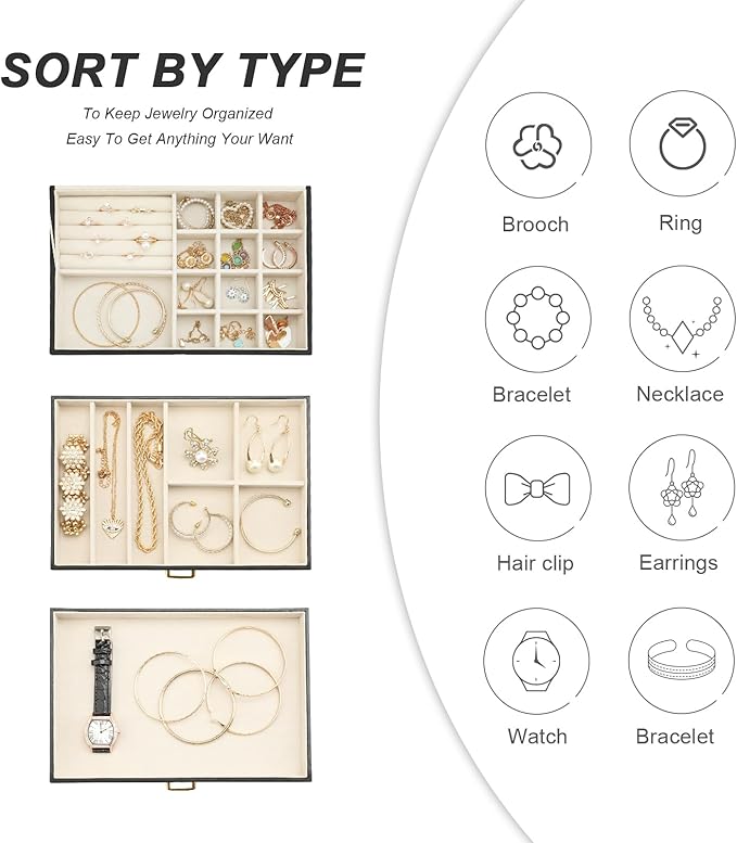 Jewelry Holder Organizer, Leather Jewelry Set Box with 2 Drawers, Jewelry Storage Box for Women Girls(Black)