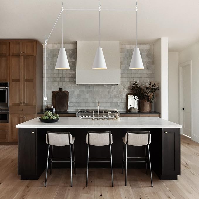 White Plug In Pendant Lights Kitchen Island,Dining Room Light Fixtures Over Table 1 Pack with Cone Metal Shade, Modern Farmhouse Mini Chandeliers with Cord On/Off Switch Hanging Lighting for Sink