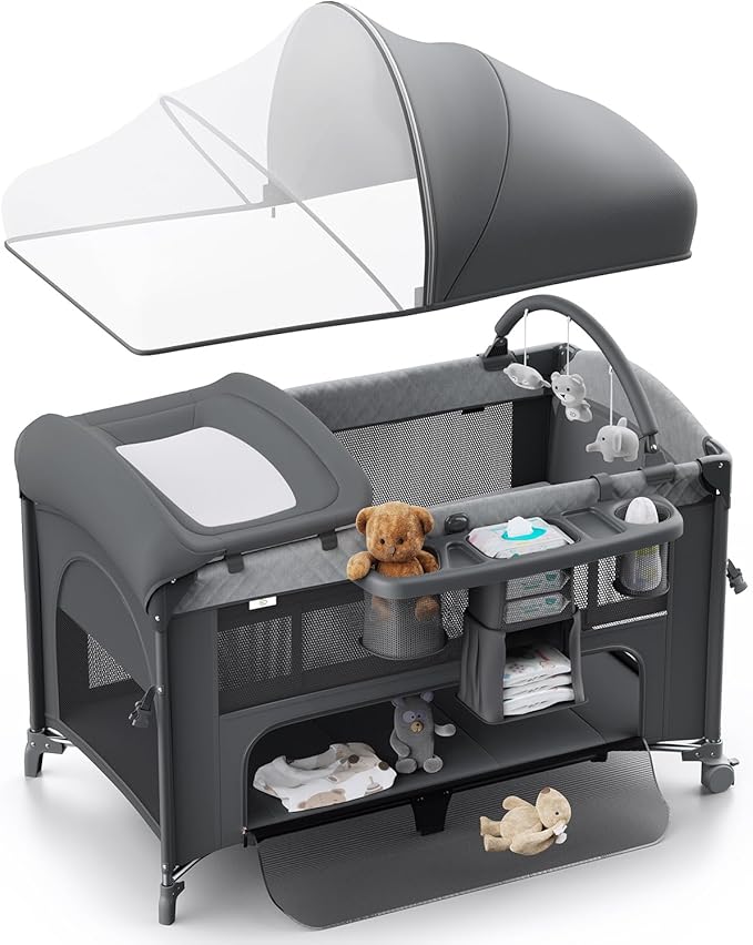 4 in 1 Baby Bassinet, Pack and Play, Bedside Crib Sleeper, Diaper Changer - Comes with Mattress, Mosquito Net，Bottom Storage and Toy Bar for Newborn to Toddles