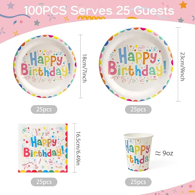 100pcs Birthday Party Plates Disposable Tableware Set Colored Semicircles Paper Plates for 25 Guests Party Supplies Baby Shower(Include 7" & 9" Plates, Cups and Napkins)