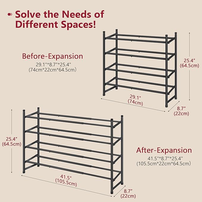 Tajsoon Expandable Shoe Rack for Closet 4 Tier, 29“-41“Adjustable & Stackable Shoe Shelf Storage, Metal Shoe Rack Organizer for Front Door Entrance, Closet, Garage, Entryway, Black
