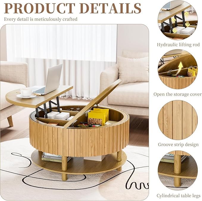 Round Lift Top Coffee Table with Storage, 31.5'' Modern 2-Tier Coffee Table with Hidden Storage Compartment and Open Shelf, Fluted Center Table for Living Room Office (Wood Color)
