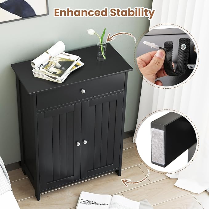 Giantex Storage Cabinet, Freestanding Bathroom Cabinet with 2 Doors, 1 Drawer, 3-Level Adjustable Shelf, Modern Wooden Storage Organizer for Laundry Room, Entryway, Living Room (Black)