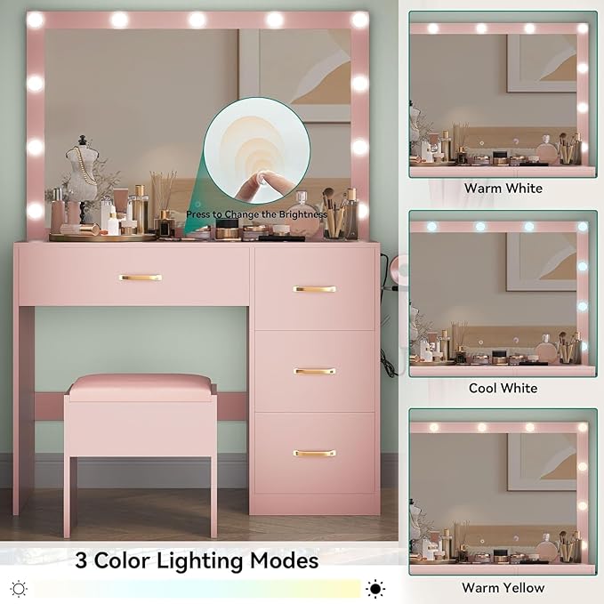 YITAHOME Vanity Set with Mirror and Lights, Makeup Vanity Set with 11 LED Lights, Dressing Table with 4 Drawers and Stool, Ample Storage, Power Strip, for Dressing Area, Light Pink