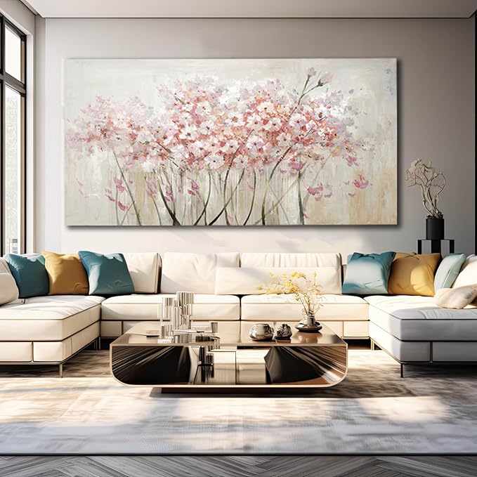 YJYart Home Decor Pink Blossom Hand Painted 30x60 Inch Colorful Wall Art Large Canvas Wall Art for Living Room Bedroom Office Kitchen