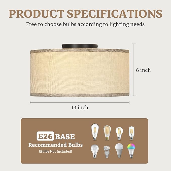 13 Inch Flush Mount Ceiling Light with Burlap Linen Drum Shade, Semi Flush Mount Ceiling Fixture, 3-Light Drum Light Fixture,Rustic Farmhouse Style for Bedroom, Living Room, Hallway, Entryway