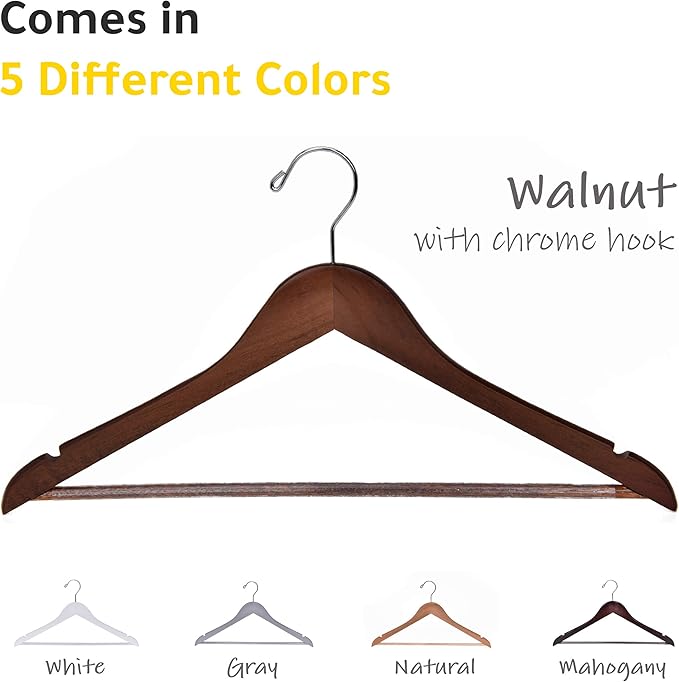 Quality Wooden Hangers - Slightly Curved Hanger 10 Pack Sets - Solid Wood Coat Hangers with Stylish Chrome Hooks - Heavy-Duty Clothes, Jacket, Shirt, Pants, Suit Hangers (Walnut/Retro, 10)