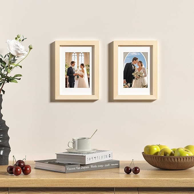 KINLINK A5 Picture Frame, White Oak Solid Wood Frames with Acrylic Plexiglass for Pictures 4x6 with Mat or A5 without Mat, Tabletop and Wall Mounting Display 4 Pack