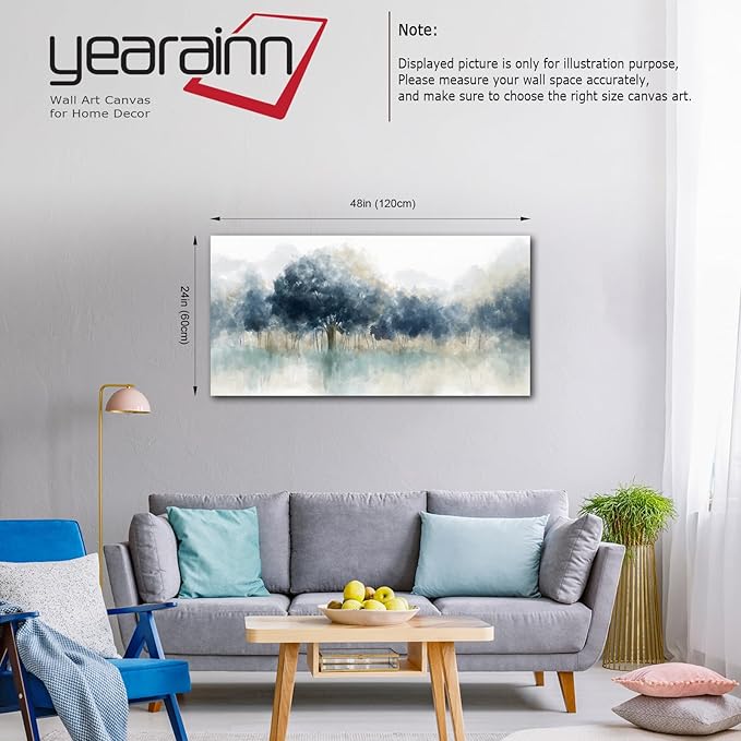 Foggy Forest Canvas Wall Art - Indigo Blue Abstract Trees Pictures for Wall Decor Nature Canvas Painting Modern Printing Artwork for Living Room Bedroom Home Office Wall Decoration 24" x 48"