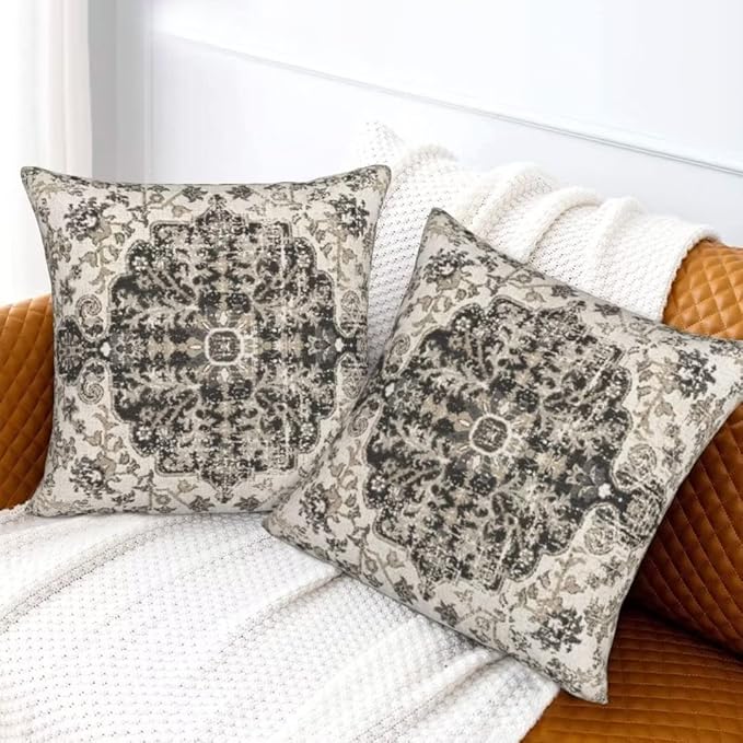 Boho Throw Pillow Covers 18x18 Set of 2, Black Brown Carpet Pattern Pillow Covers Ethnic Rustic Farmhouse Cushion Cases Linen Decorative Gifts for Couch Sofa Indoor Outdoor