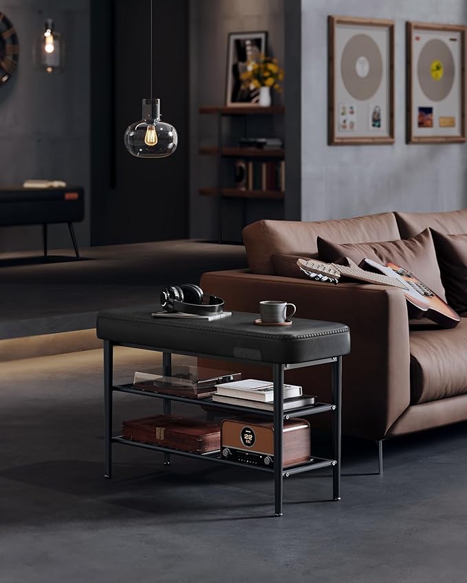 VASAGLE EKHO Collection - Shoe Rack Bench, Storage Bench for Entryway, Synthetic Leather with Stitching, Mid-Century Modern, Loads 300 lb, 11.8 x 31.5 x 19.7 Inches, Ink Black ULSB054B01