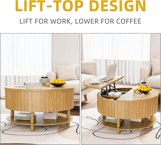 Round Lift Top Coffee Table with Storage, 31.5'' Modern 2-Tier Coffee Table with Hidden Storage Compartment and Open Shelf, Fluted Center Table for Living Room Office (Wood Color)