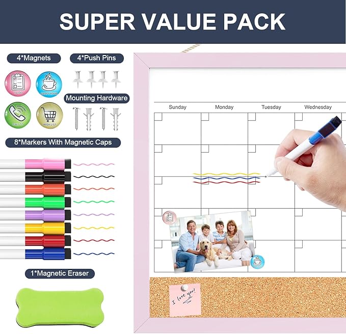 Dry Erase Calendar Cork Board Combo, 17x13 Inches Calendar Whiteboard for Wall, Small Magnetic White Board with Pink Wood Framed, Dry Erase Board for Planner Office Kitchen Home Memo