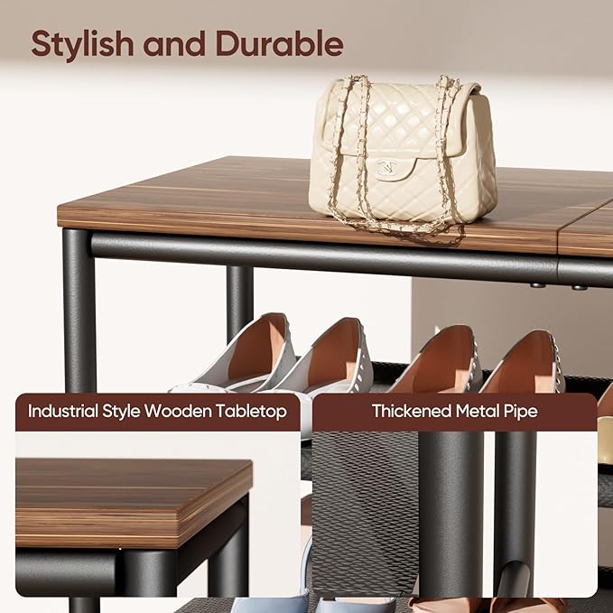 Mavivegue 4-Tier Metal Shoe Rack, Shoe Storage Organizer with Non-Woven Fabrics Shelves and Wooden Top Board, Entryway Shoe Stand for Closet Bedroom Living Room Garage, Black & Rustic Brown