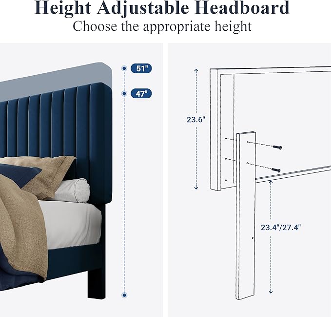 Allewie Queen Bed Frame, Velvet Upholstered Platform Bed with Adjustable Vertical Channel Tufted Headboard, Mattress Foundation with Strong Wooden Slats, Box Spring Optional, Easy Assembly, Navy Blue
