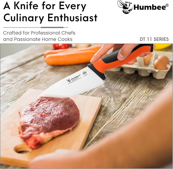 6 Inch Professional Chef Knife with Ergonomic Handle – NSF Certified Stainless Steel Kitchen Knife, Serrated Wave Teeth, Durable and Sharp Blade, DT 11 Series, Orange