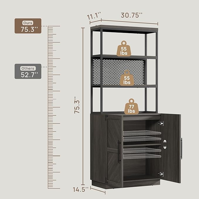 SICOTAS Tall Bookshelf with Storage Cabinet - Modern Book Shelf with Doors and Shelves, 5 Tier Bookcase with Metal Frame Industrial Large Book Case for Home Office, Living Room, 75 Inch, Ash Ash Gray
