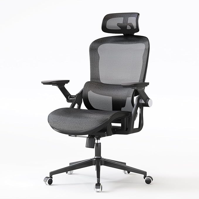 Monhey Office Chair Ergonomic Desk Chair with Lumbar Support&Headrest&Flip-up Arms Height Adjustable Rocking Swivel High Back Computer Chair Warm Taupe Mesh Study Chair (04black)