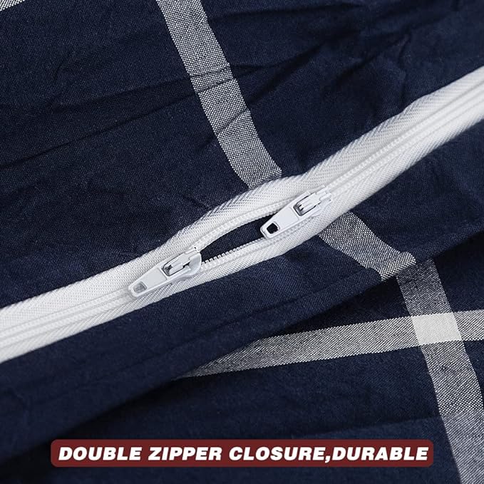 FACE TWO FACE Bedding Duvet Cover Set 3 Pieces 100% Washed Cotton Duvet Cover Linen Like Textured Breathable Durable Soft Comfy (King, Dark Blue Grid)