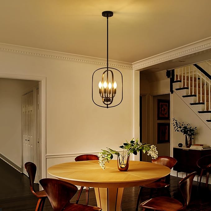 Small Modern Black Chandelier for Foyer, 4 Light Industrial Entryway Lighting Fixtures,Farmhouse Pendant Light for Kitchen Island Stairway Hallway Dining Room