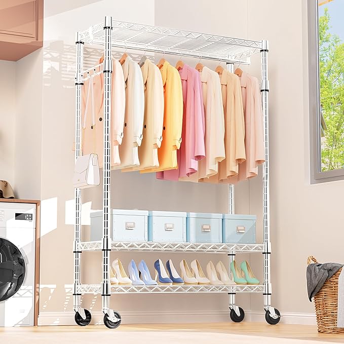 Heavy Duty Rolling Garment Rack 3 Tiers Adjustable Wire Shelving Clothes Rack with Rods and Side Hooks,Storage Closet Clothing Rack with Wheels Chrome 17.7" D x 47.2" W x 83.6" H